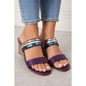 Vintage Wedge Open-Toe Sandals Purple White Blue Glitter  8M (Flaw)